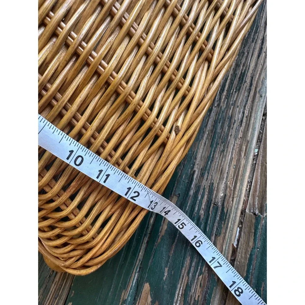 Vintage Wicker Storage Basket Wood Slat Bottom Chunky Handles Indonesia 18x11x7